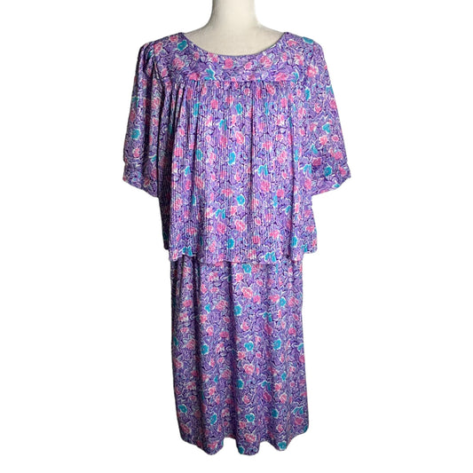 Vintage 80s Accordion Pleat Dress XL Purple Floral Elastic Waist Short Sleeves