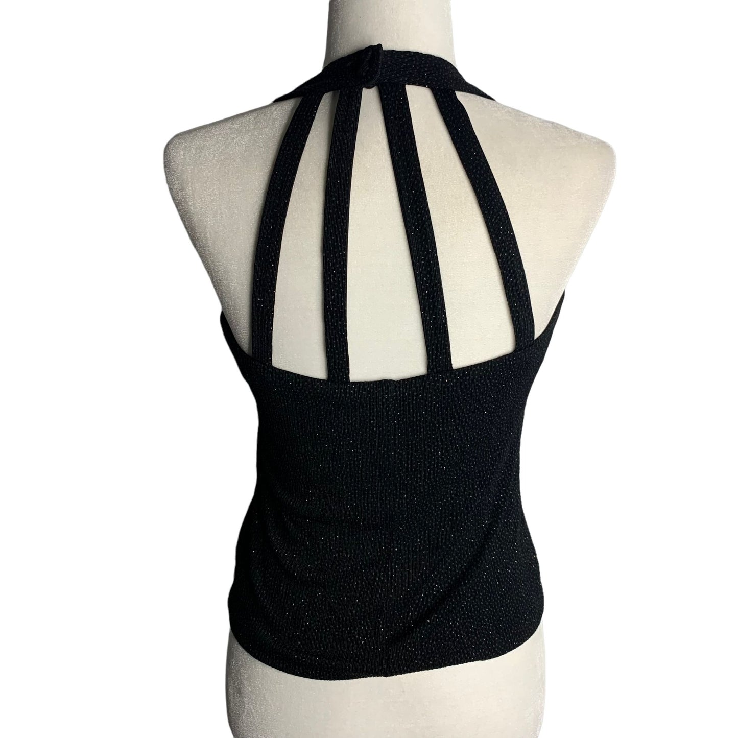 Vintage Y2K Xscape Cropped Halter Top S Black Metallic Button Neck Lined