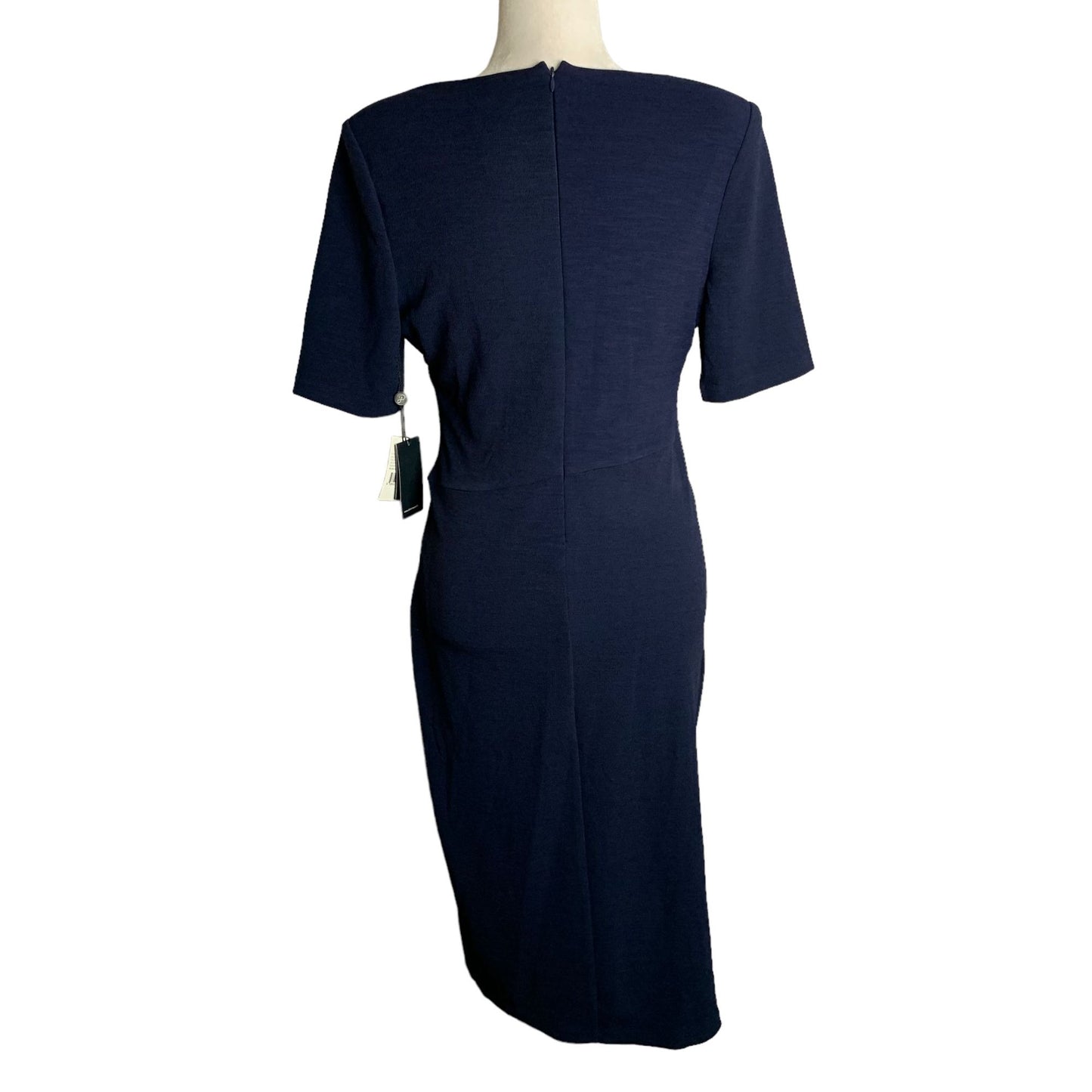 Adrianna Papell Rio Knit Sheath Dress 10 Blue V Neck Draped Lined Short Sleeve