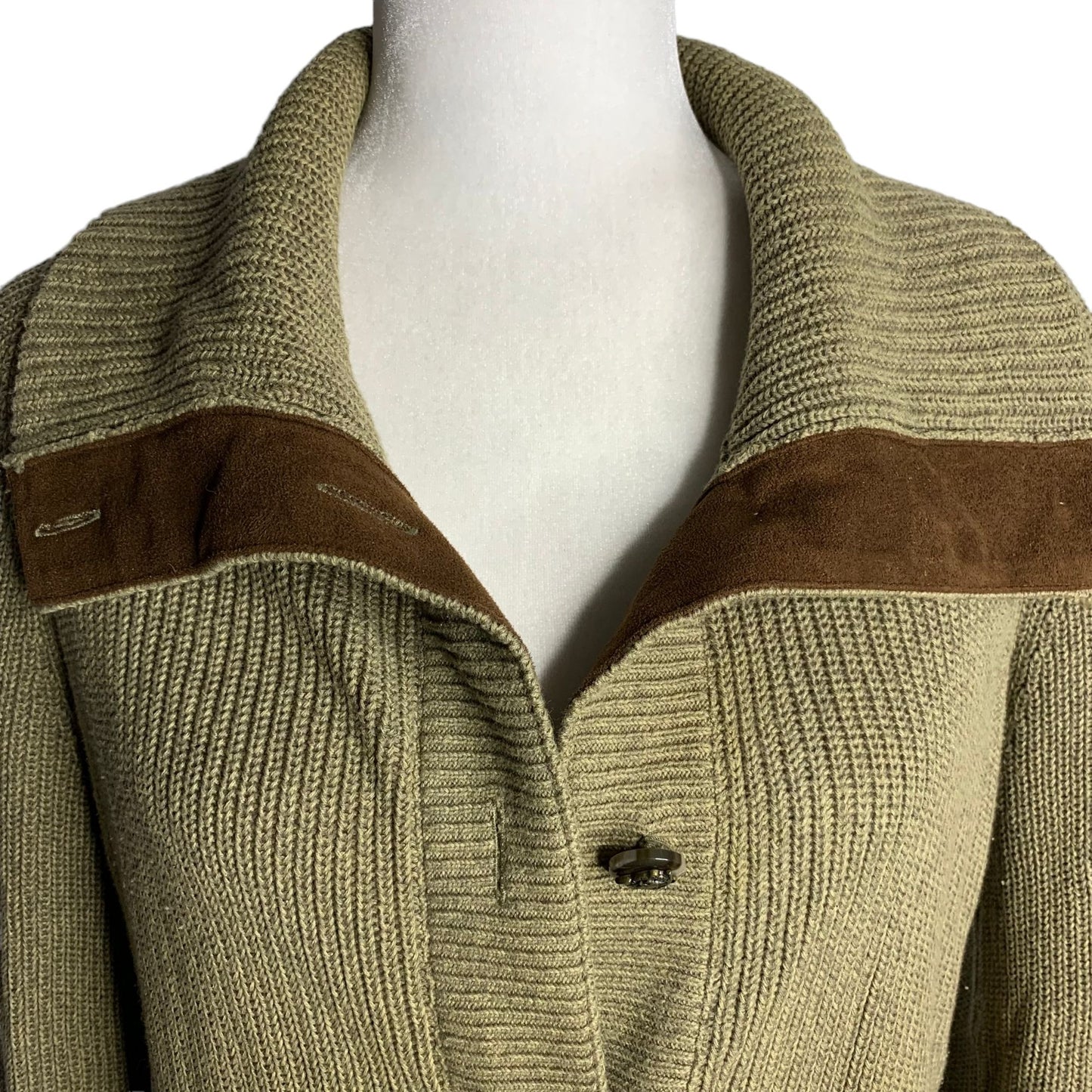 Lauren Ralph Lauren Cardigan Sweater M Green Brown Button Up Pockets Elbow Patch