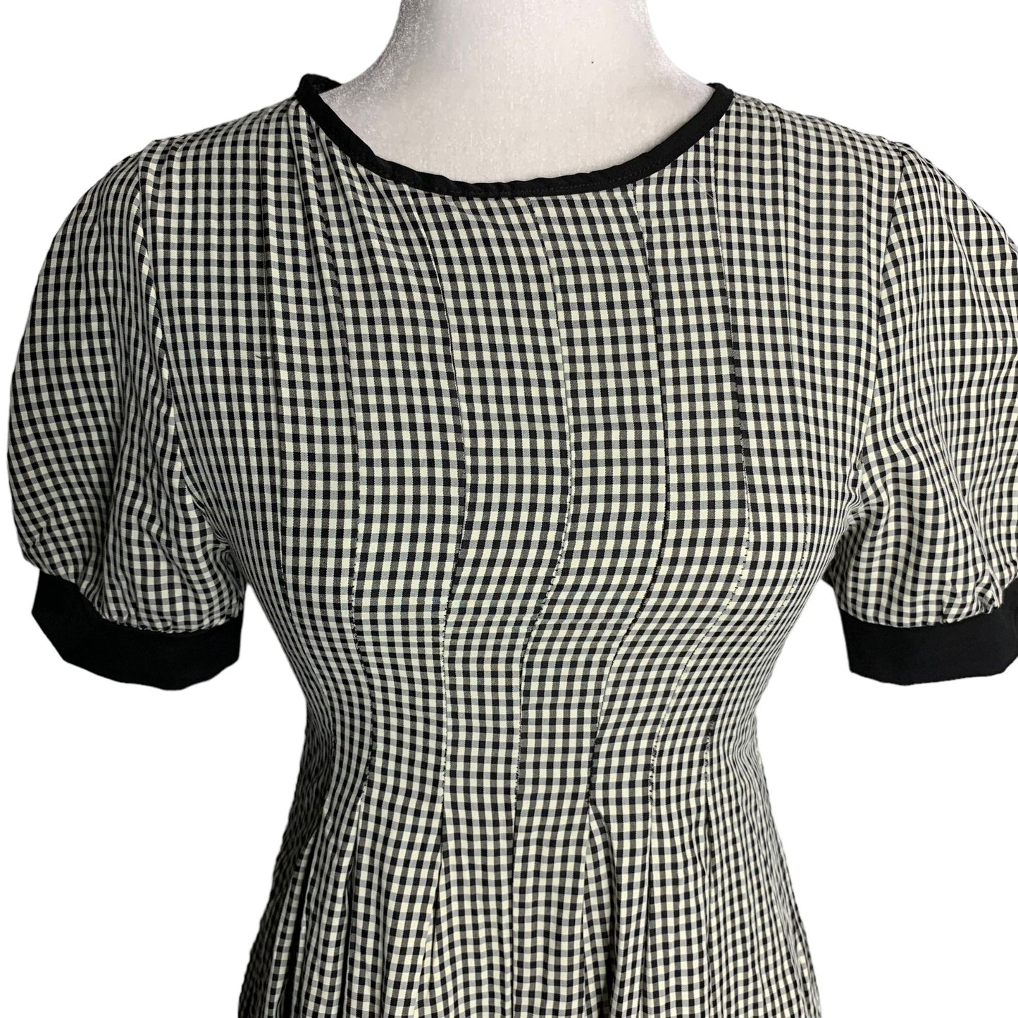 Retro Pleated Midi Swing Dress S Black White Gingham Check Short Sleeve Zipper