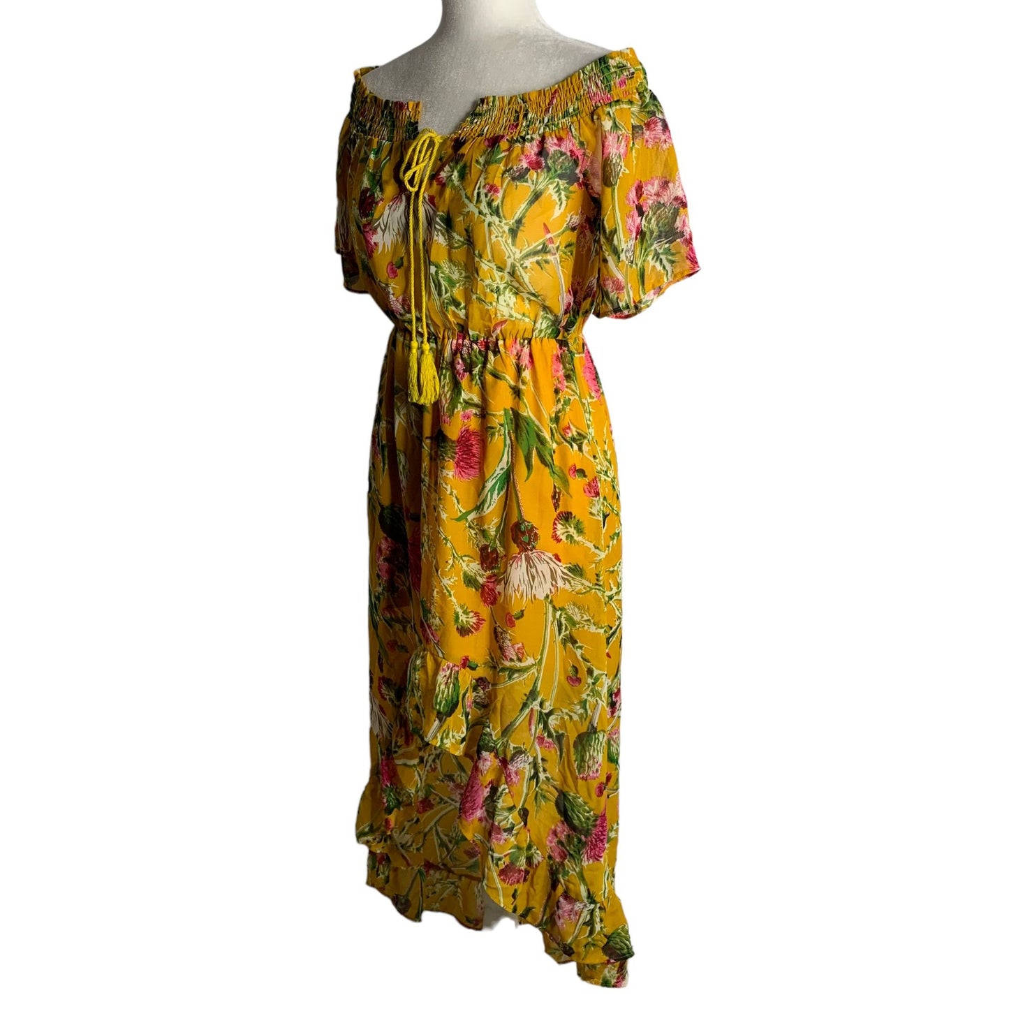 Boohoo Off the Shoulder Midi Dress 6 Yellow Floral High Low Hem Elastic Waist