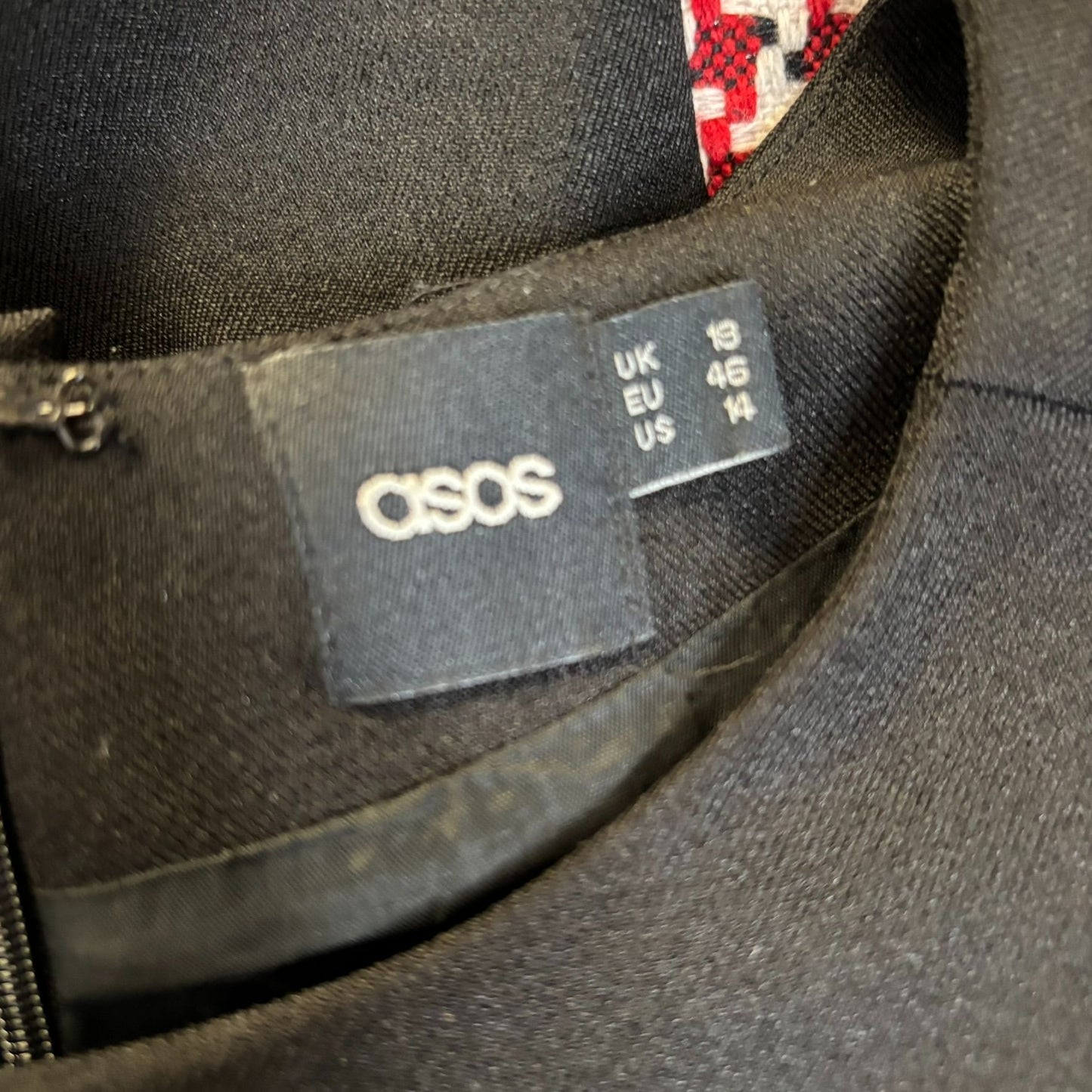 Asos Shift Dress Black Size 14 Red White Houndstooth Pockets Lined Zipper