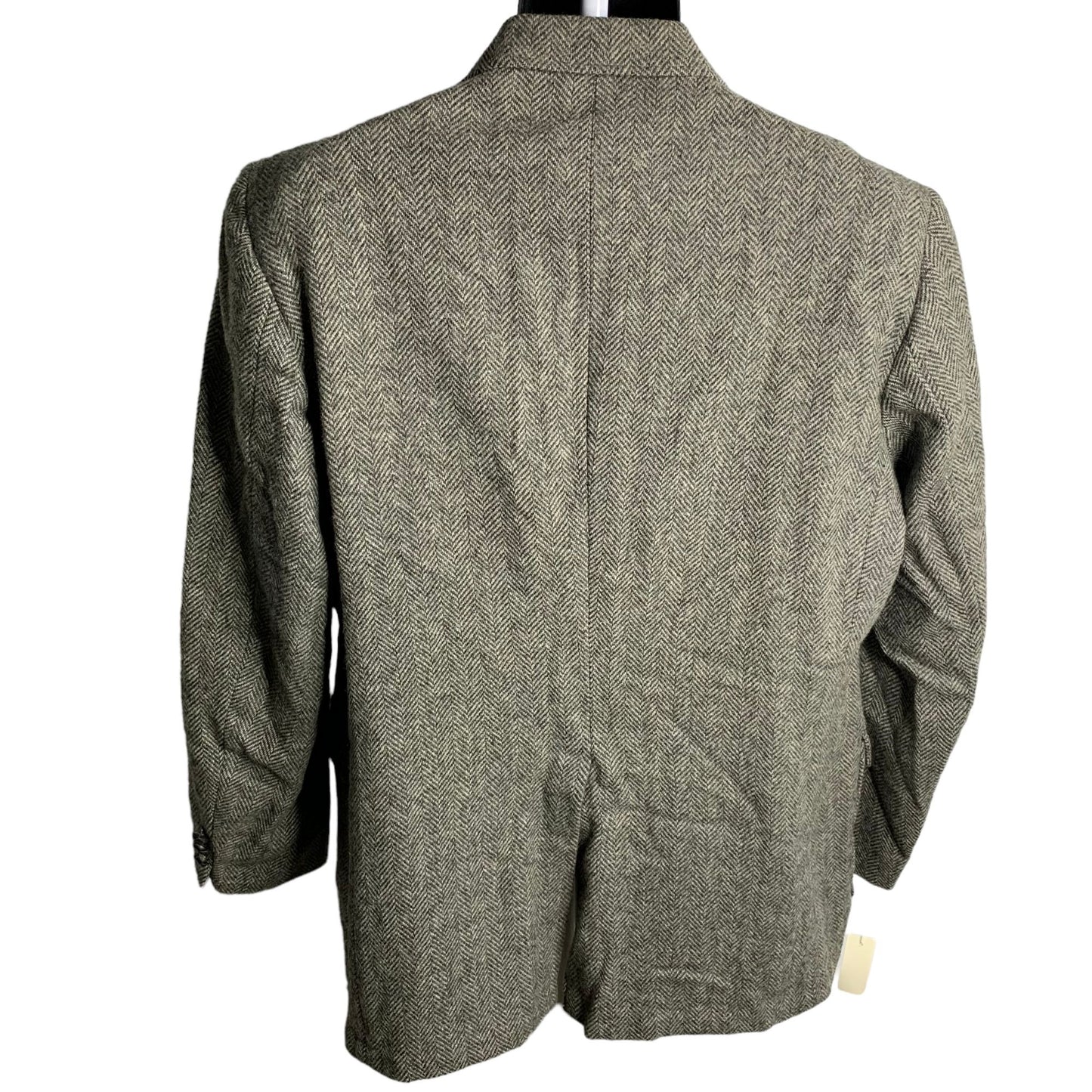 Vintage 70s Wool Tweed Blazer Sport Coat 46L Grey Herringbone Two Button Pockets