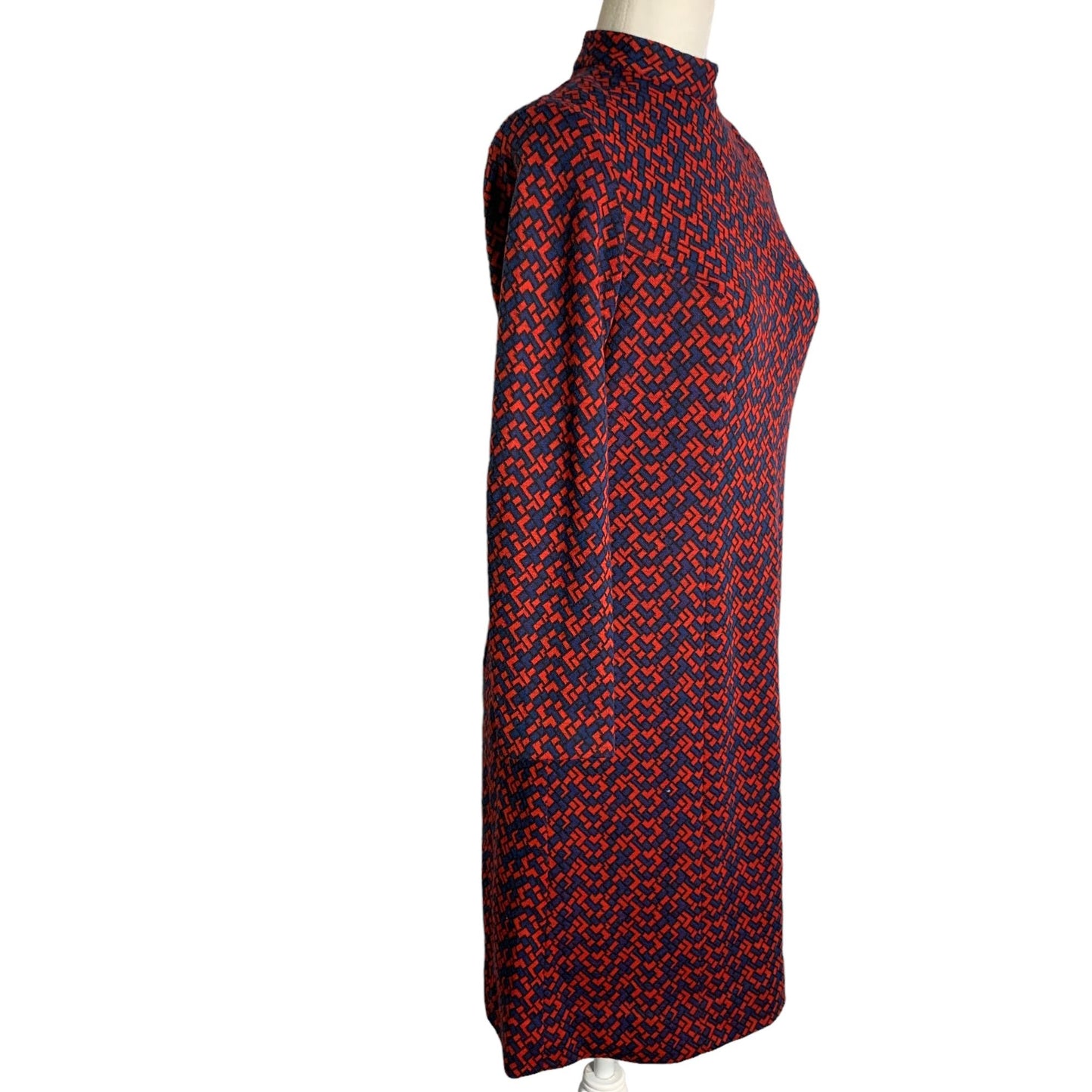 Vintage 60s Wool Blend Mod Sheath Dress S Red Blue Geometric High Neck Lined Zip