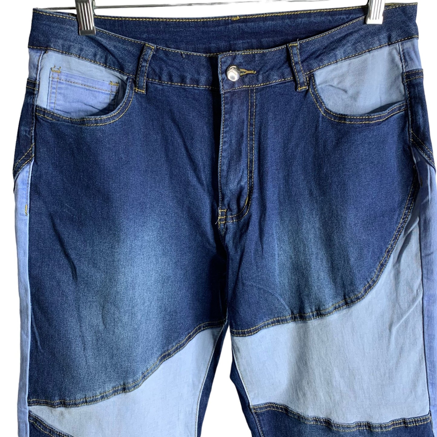 Retro Patchwork Wide Leg Denim Jeans L Blue Mid Rise Cut Off Stretch 5 Pocket
