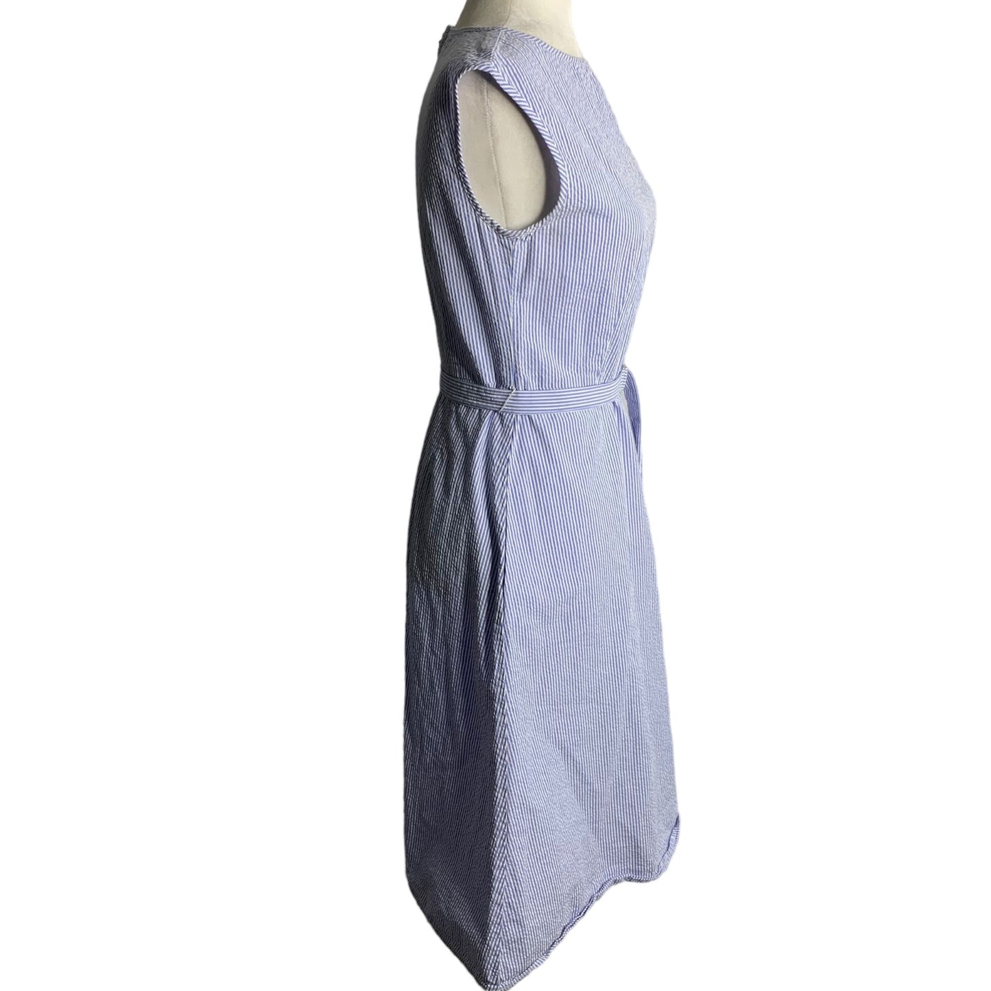 Uniqlo Sleeveless Belted Swing Dress S Blue White Striped Pockets Back Zip