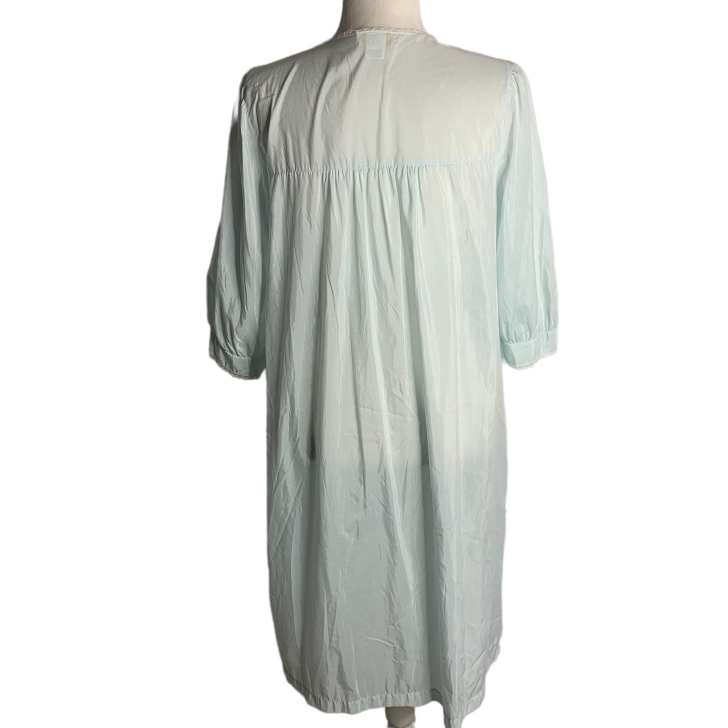 Vintage 70s Barbizon Button Up Nightgown M Blue Embroidered Lace Half Sleeve