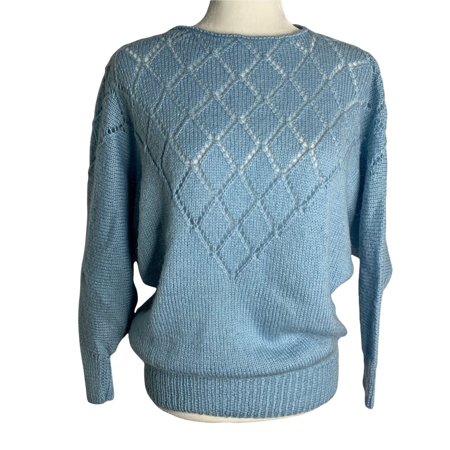 Vintage 80s Open Knit Pullover Sweater S Blue Dolman Sleeve Wool Blend