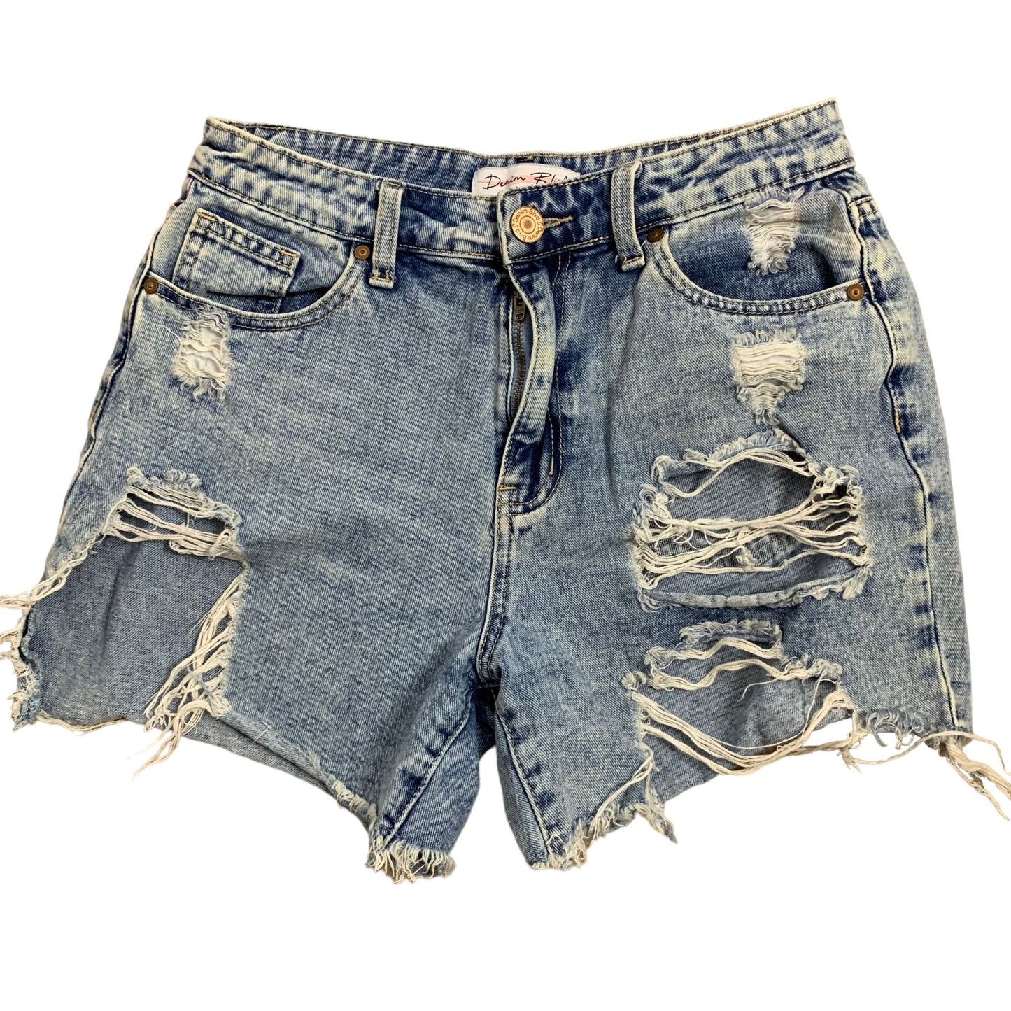 Denim Blvd Mid Rise Destroyed Shorts S Med Wash Jean 5 Pocket Cut Off Button Zip