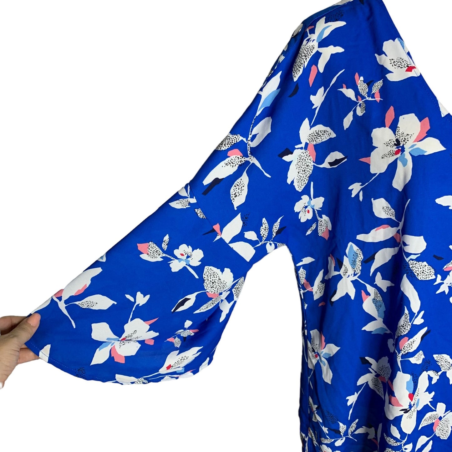 Prescott New York V Neck Pullover Blouse 14 Blue Floral Bell Sleeves Tunic