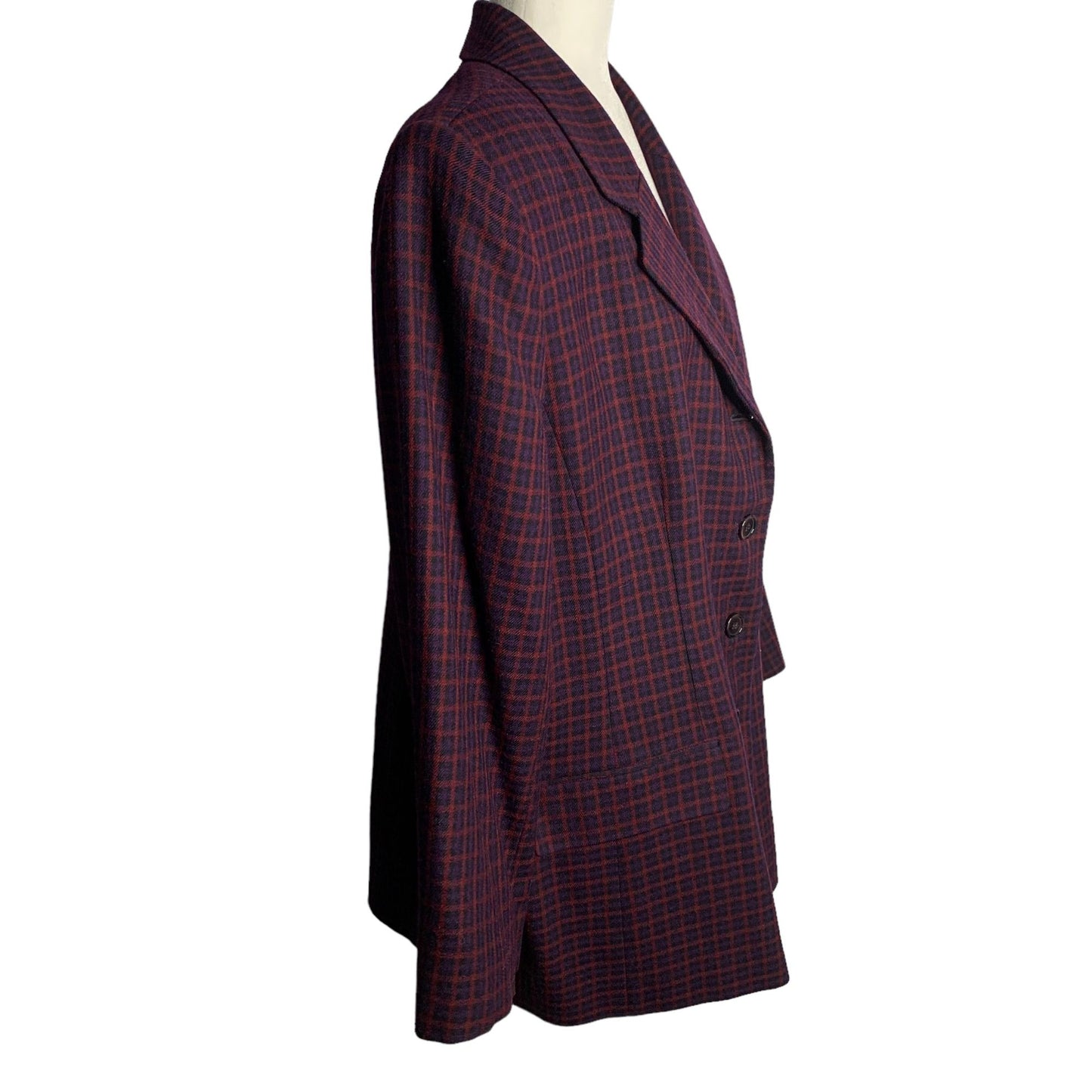 Vintage Worsted Wool Blazer Jacket XL Purple Plaid Shoulder Pads Buttons Pockets