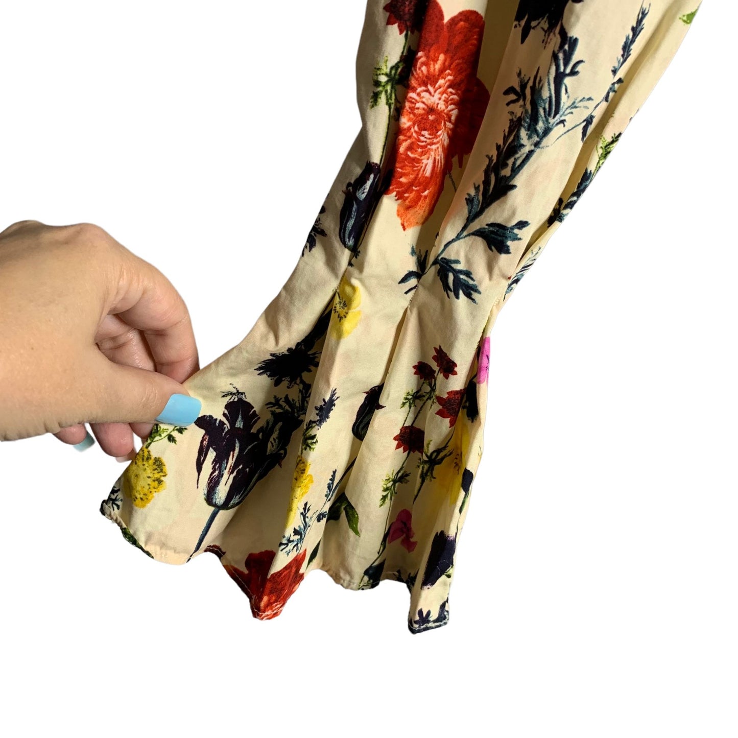 H&M Floral Bell Sleeve Crop Top 4 Beige Tie Front Key Hole Button Round Neck