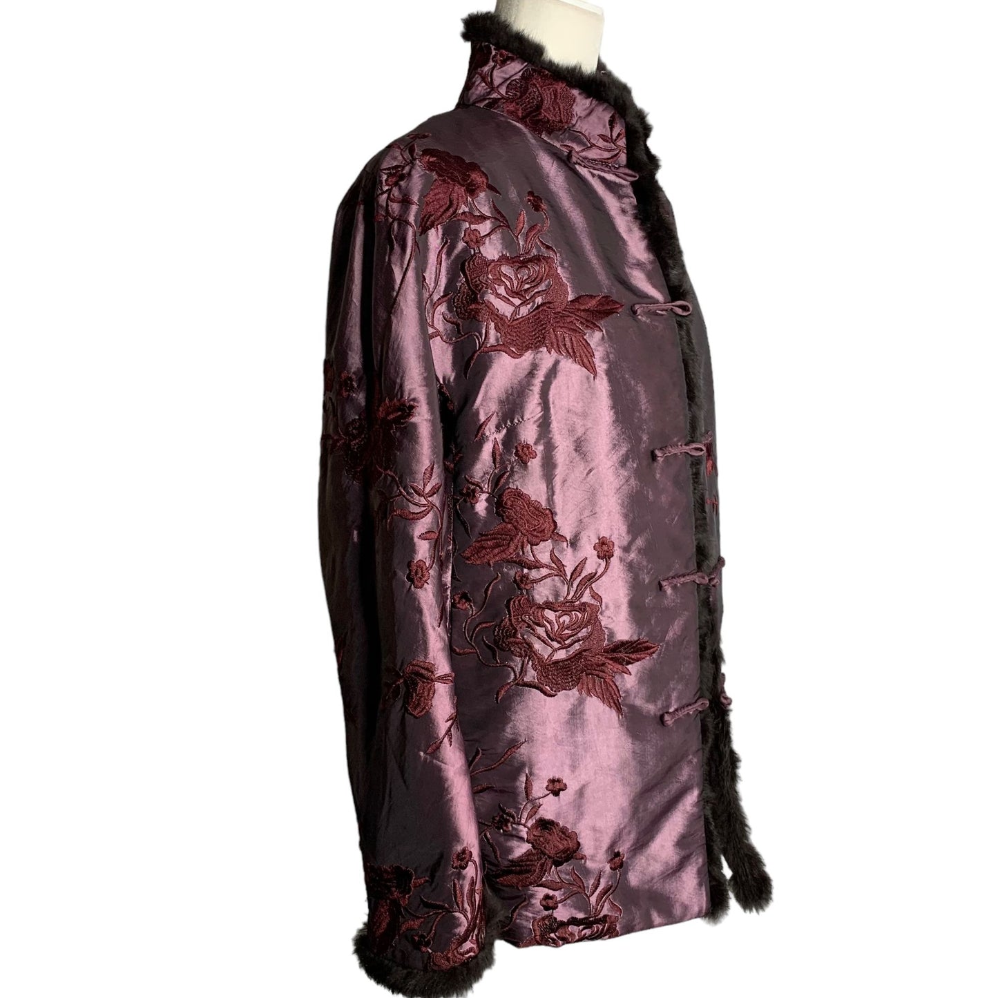 Embroidered Asian Style Coat Jacket M Purple Rabbit Trim Frog Buttons Pockets