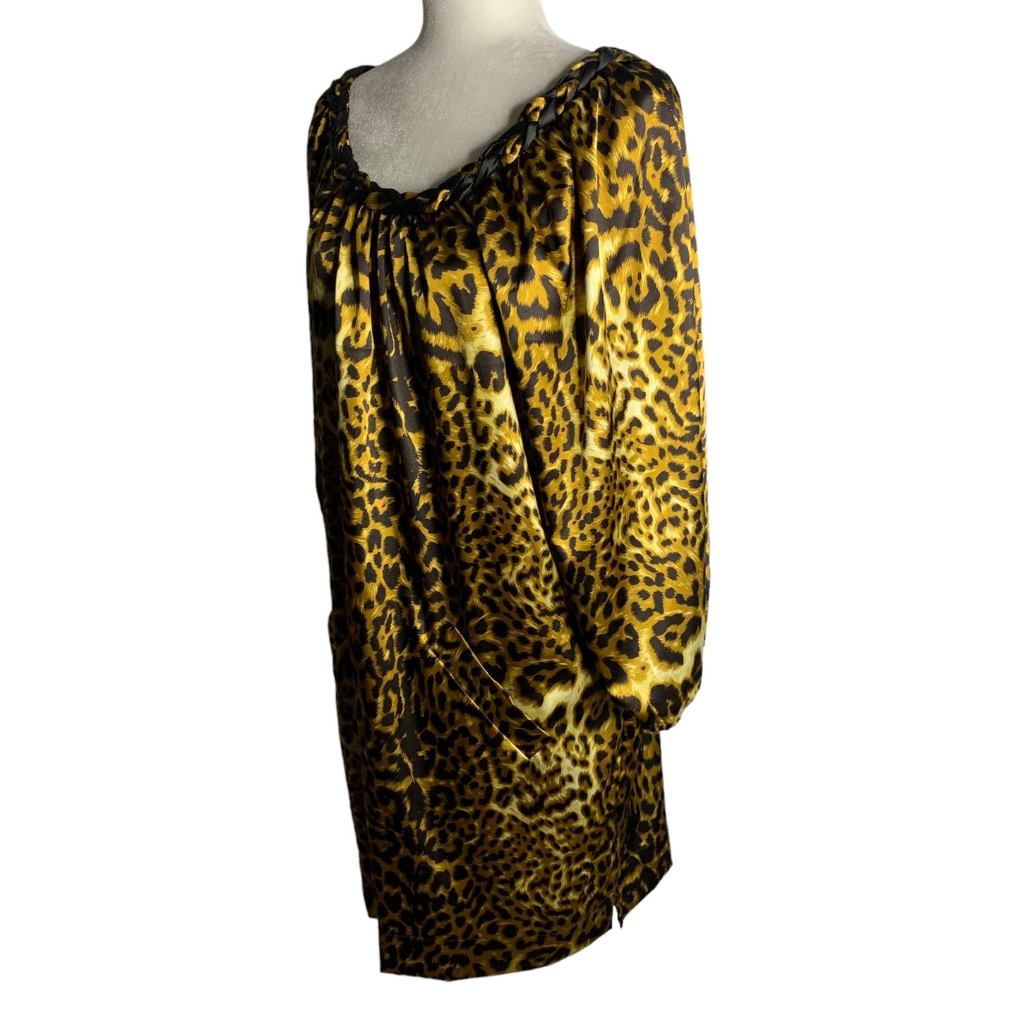 Vintage 90s Leopard Print Shift Dress L Brown Braided Collar Puff Sleeve Pockets