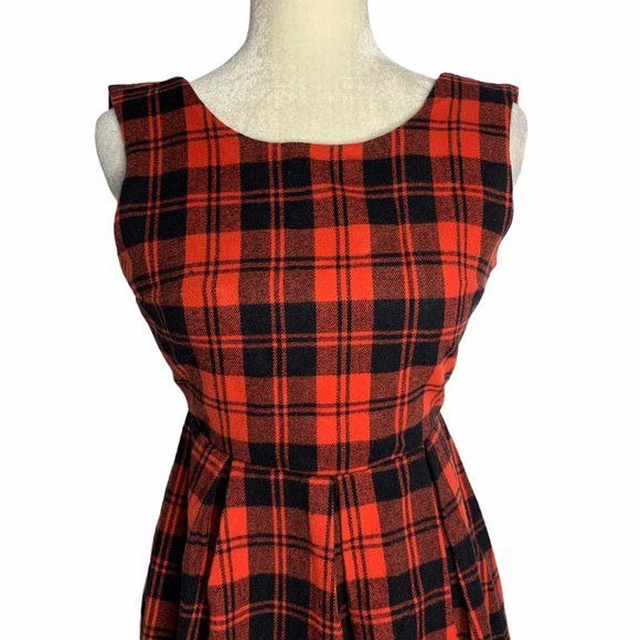 Nana For You Pinafore Wool Midi Dress S Red Plaid Open Back Zip Sleeveless