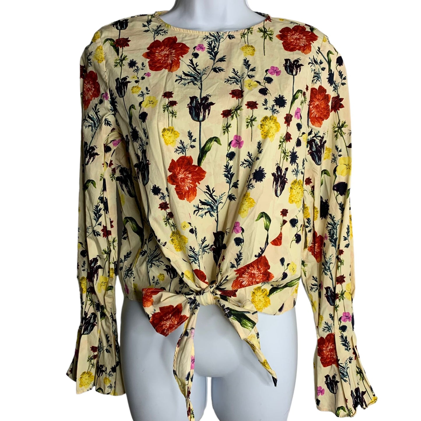 H&M Floral Bell Sleeve Crop Top 4 Beige Tie Front Key Hole Button Round Neck
