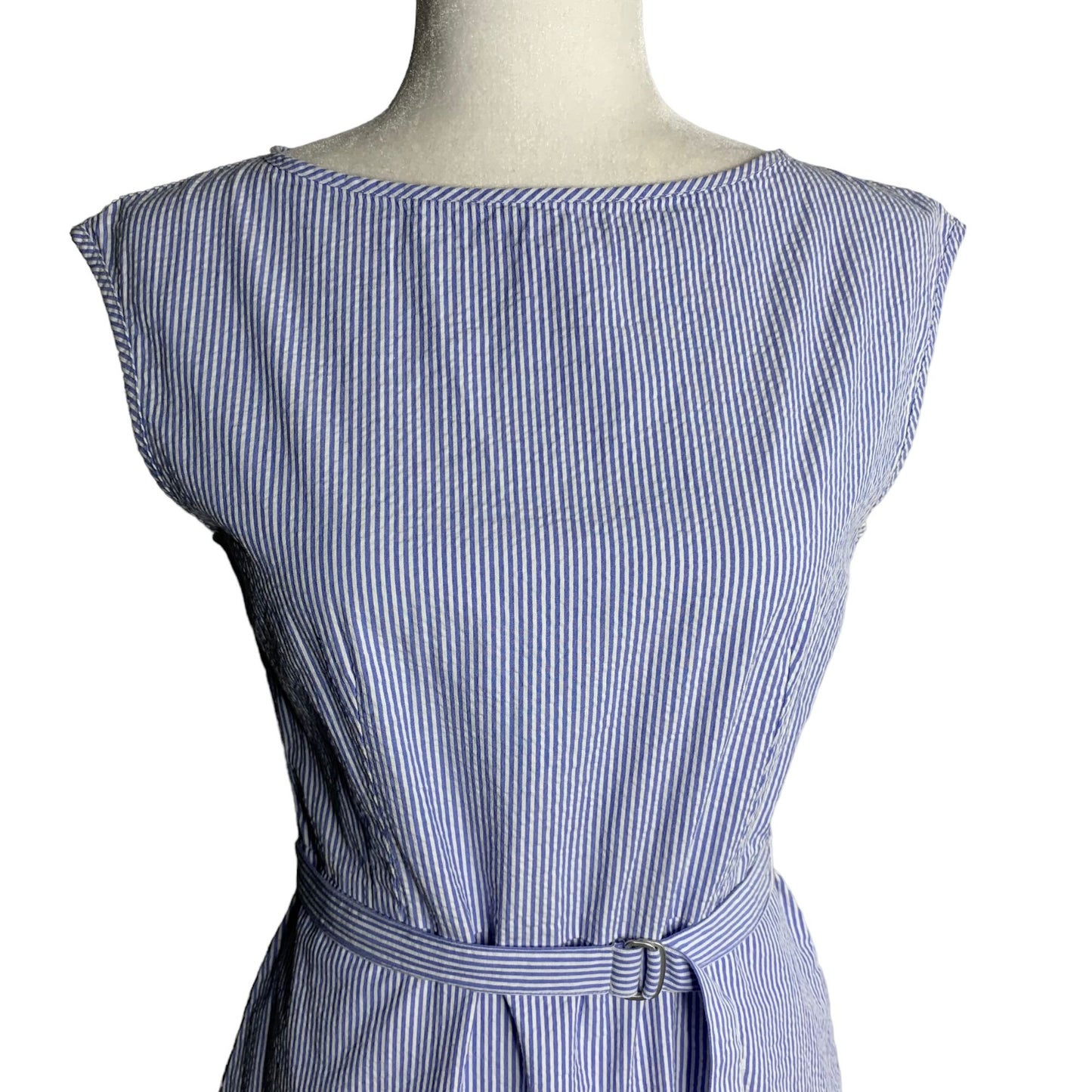 Uniqlo Sleeveless Belted Swing Dress S Blue White Striped Pockets Back Zip