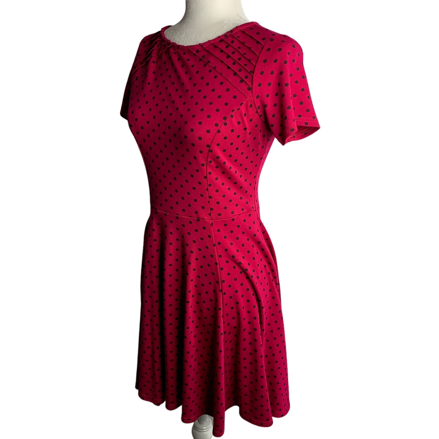 Unique Vintage Retro Swing Dress M Fuchsia Polka Dot Pleated Zip Stretch Knit