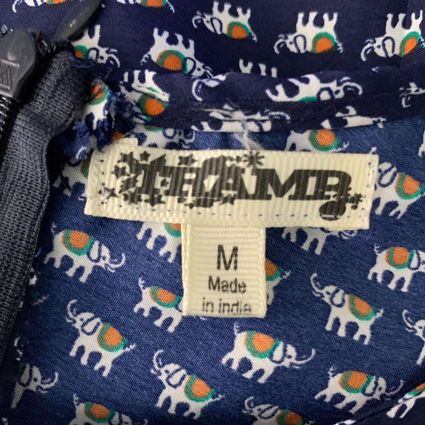 Tramp Cap Sleeve Swing Dress M Blue Elephants Tie Waist Zip Circle Twirl Skirt