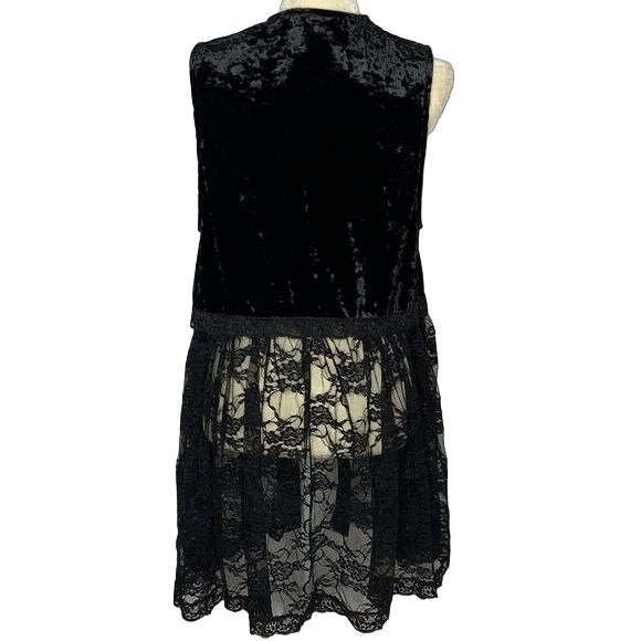 Vintage Y2K Surrealist Crushed Velvet Vest S Black Lace Cardigan Goth Festival