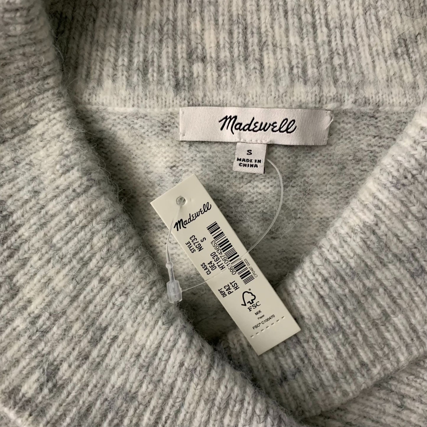 Madewell Shawl Collar Wool Sweater S Grey Marled Knit Pullover Puff Sleeve NEW