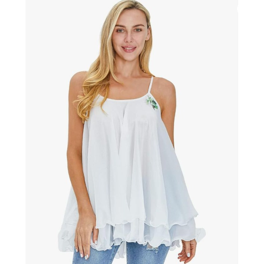 Sheer Flowy Butterfly Tank Top M White Adjustable Straps Romantic Layers NEW