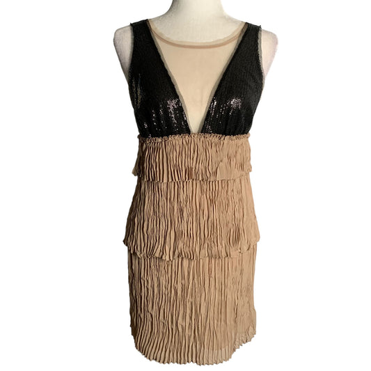 Vintage Y2K BCBG Pleated Mini Dress XS Tan Sequin Mesh Top Lined Zip Layered