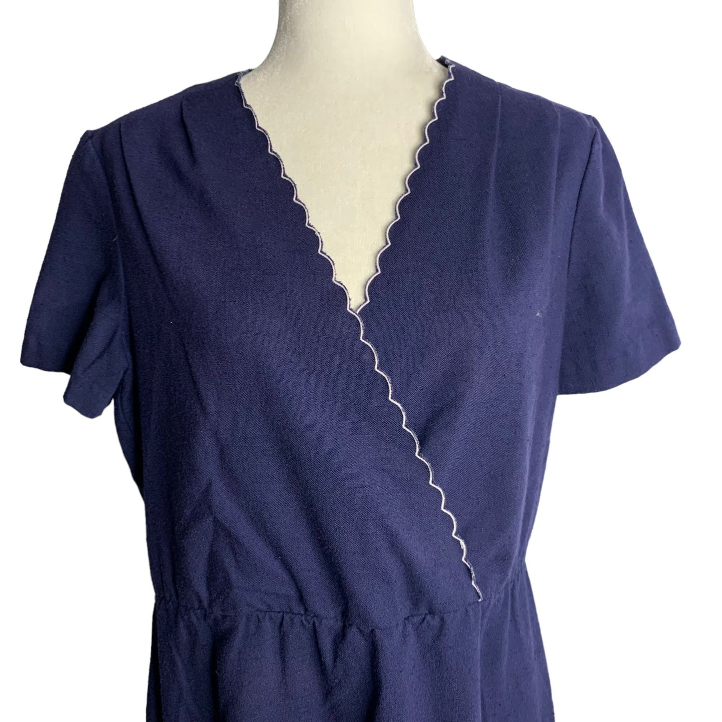 Vintage 80s Midi Sheath Dress M Blue Surplice Neck Elastic Waist Short Sleeves