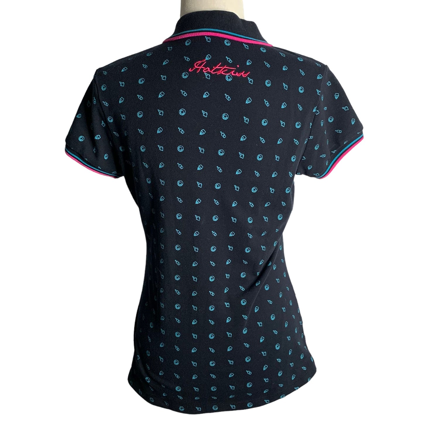 Hot Kiss Short Sleeve Polo Shirt S Black Blue Embroidered Buttons Collared