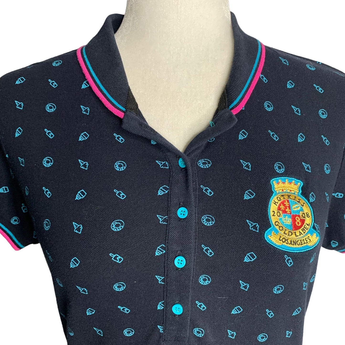 Hot Kiss Short Sleeve Polo Shirt S Black Blue Embroidered Buttons Collared