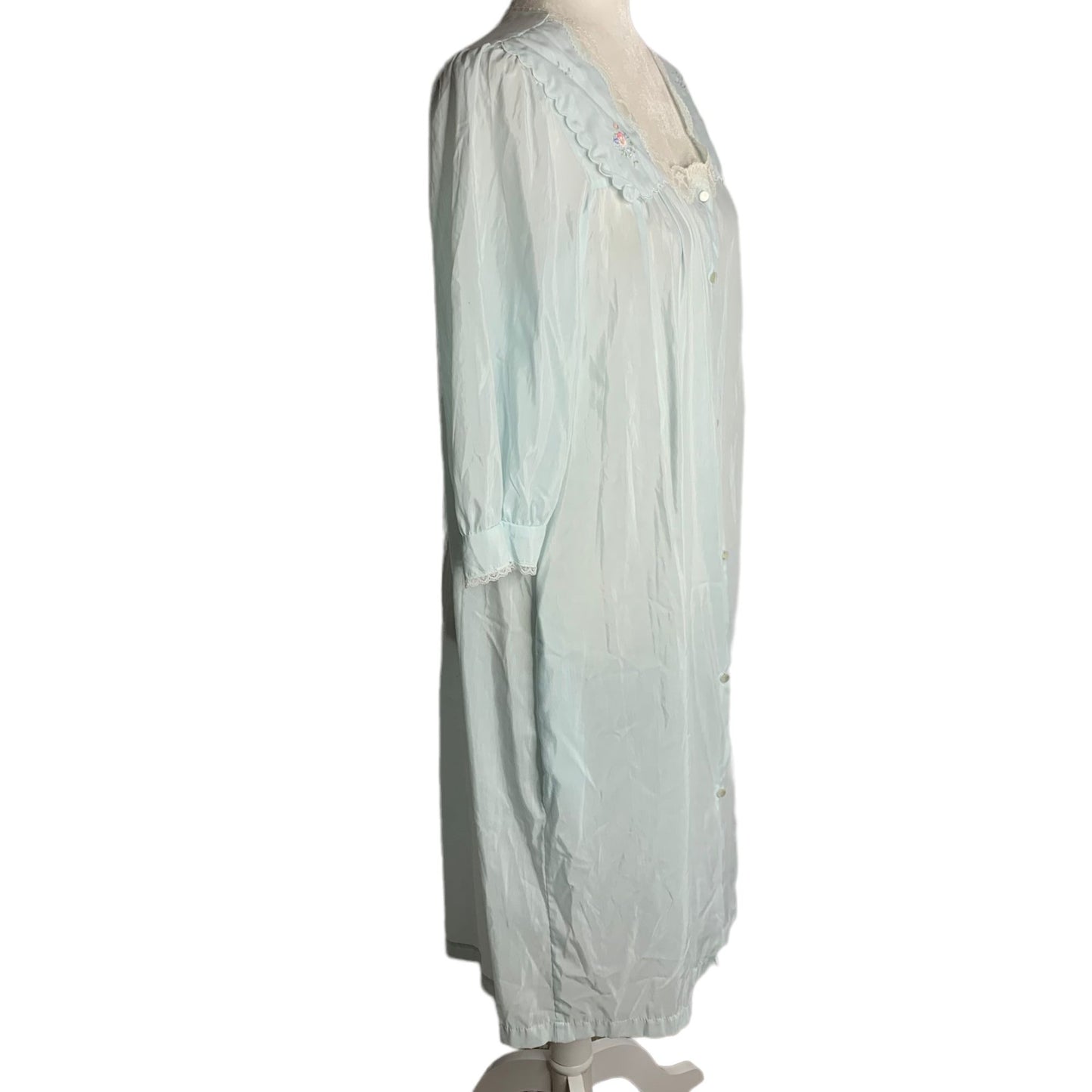 Vintage 70s Barbizon Button Up Nightgown M Blue Embroidered Lace Half Sleeve