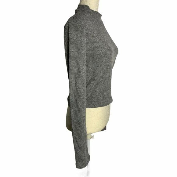 ReVamped Ribbed Knit Mock Neck Cropped Top Large Grey Long Sleeve Pullover