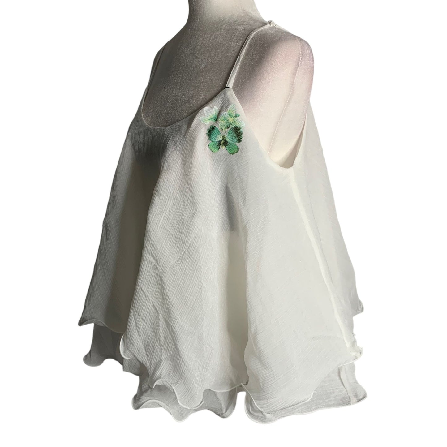 Sheer Flowy Butterfly Tank Top M White Adjustable Straps Romantic Layers NEW
