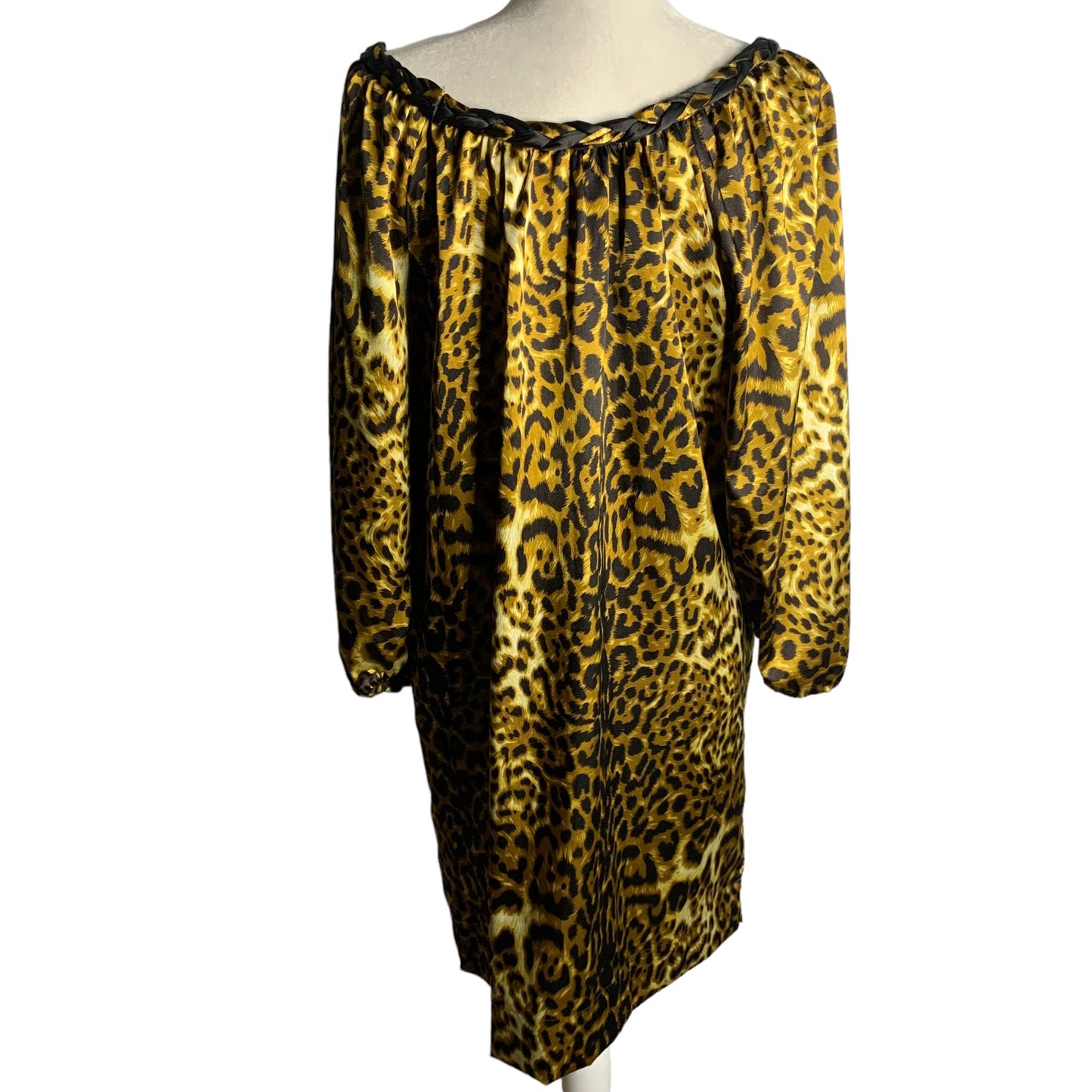 Vintage 90s Leopard Print Shift Dress L Brown Braided Collar Puff Sleeve Pockets