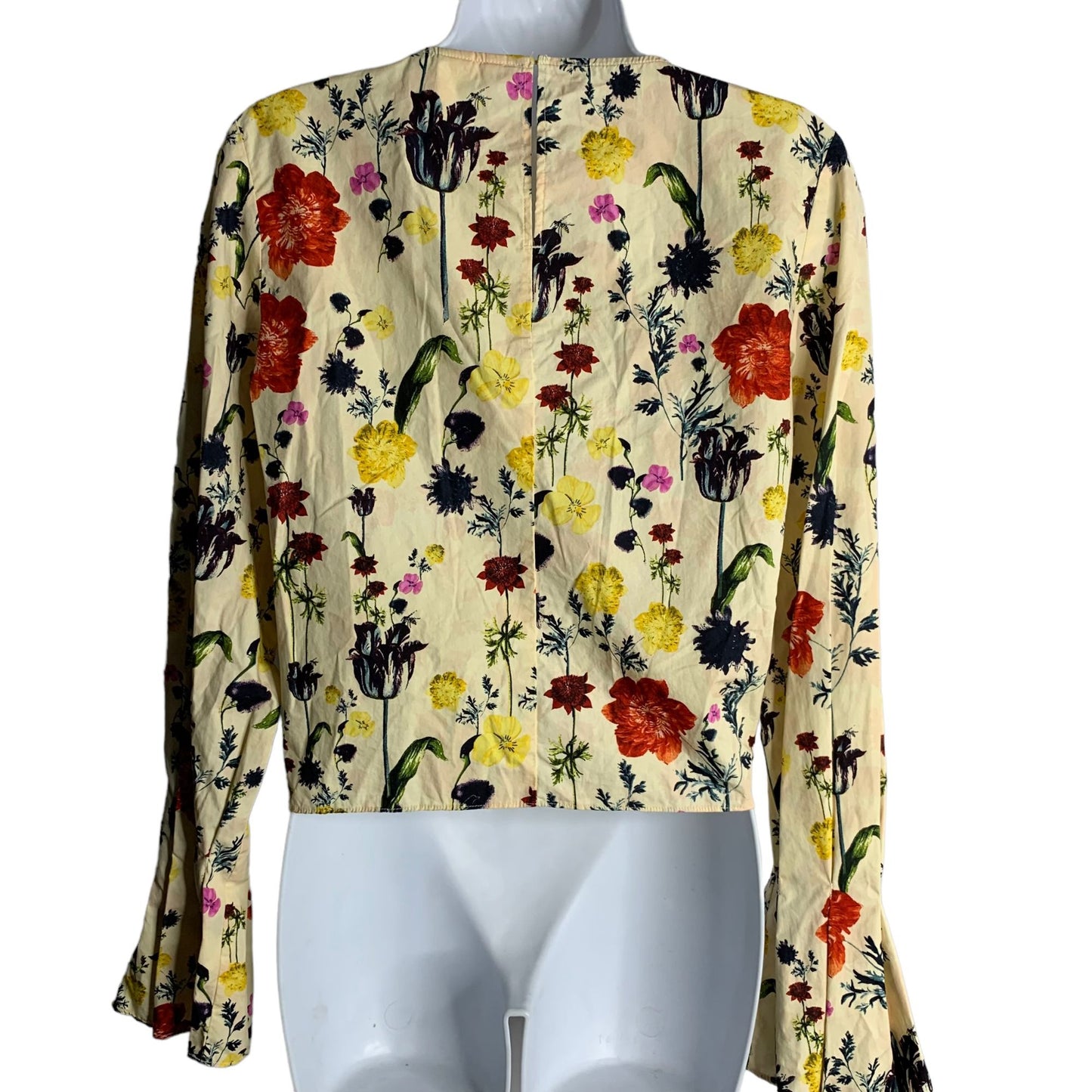 H&M Floral Bell Sleeve Crop Top 4 Beige Tie Front Key Hole Button Round Neck