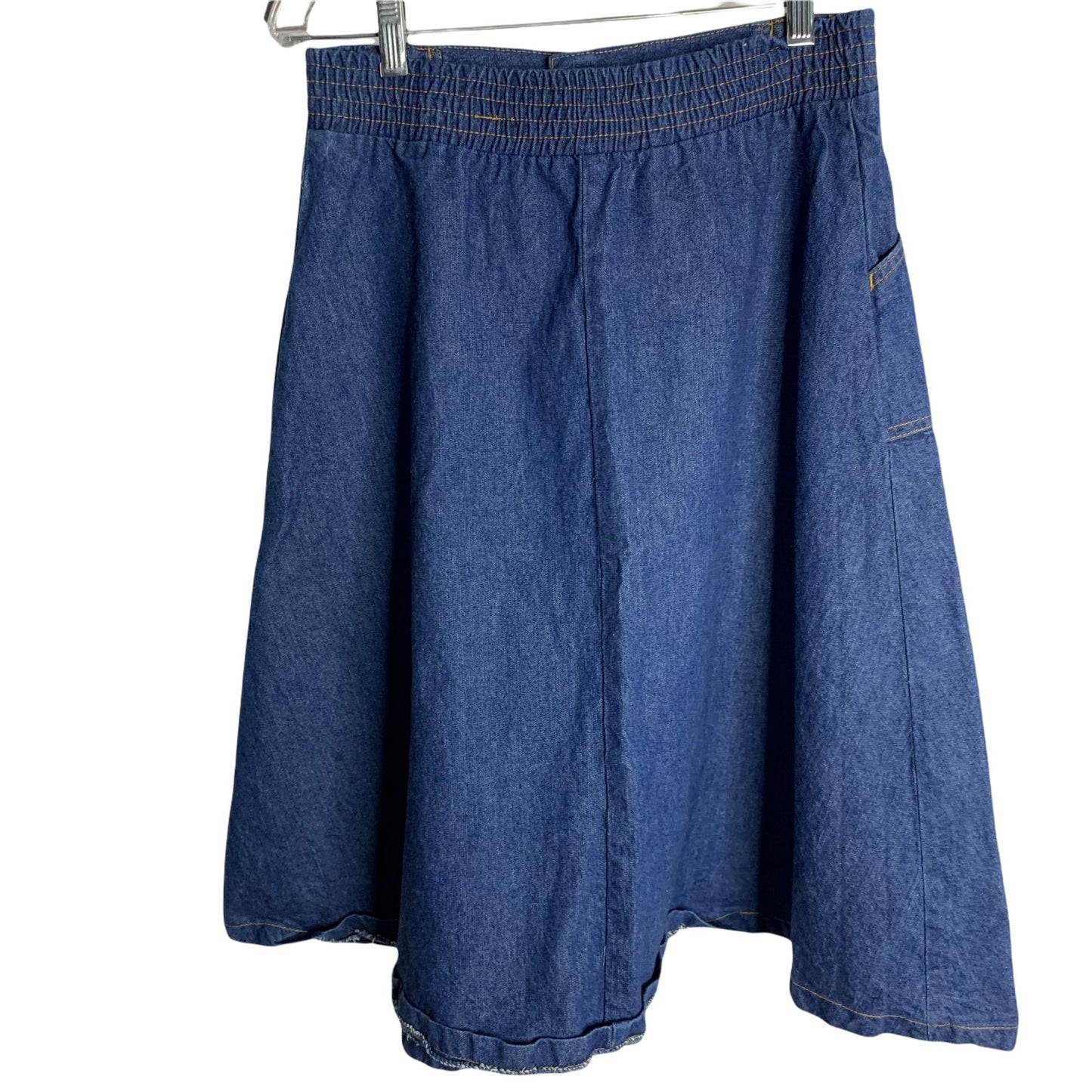 Vintage 70s Denim Jean Skirt S Med Wash Pockets Elastic Waist Snap Zip