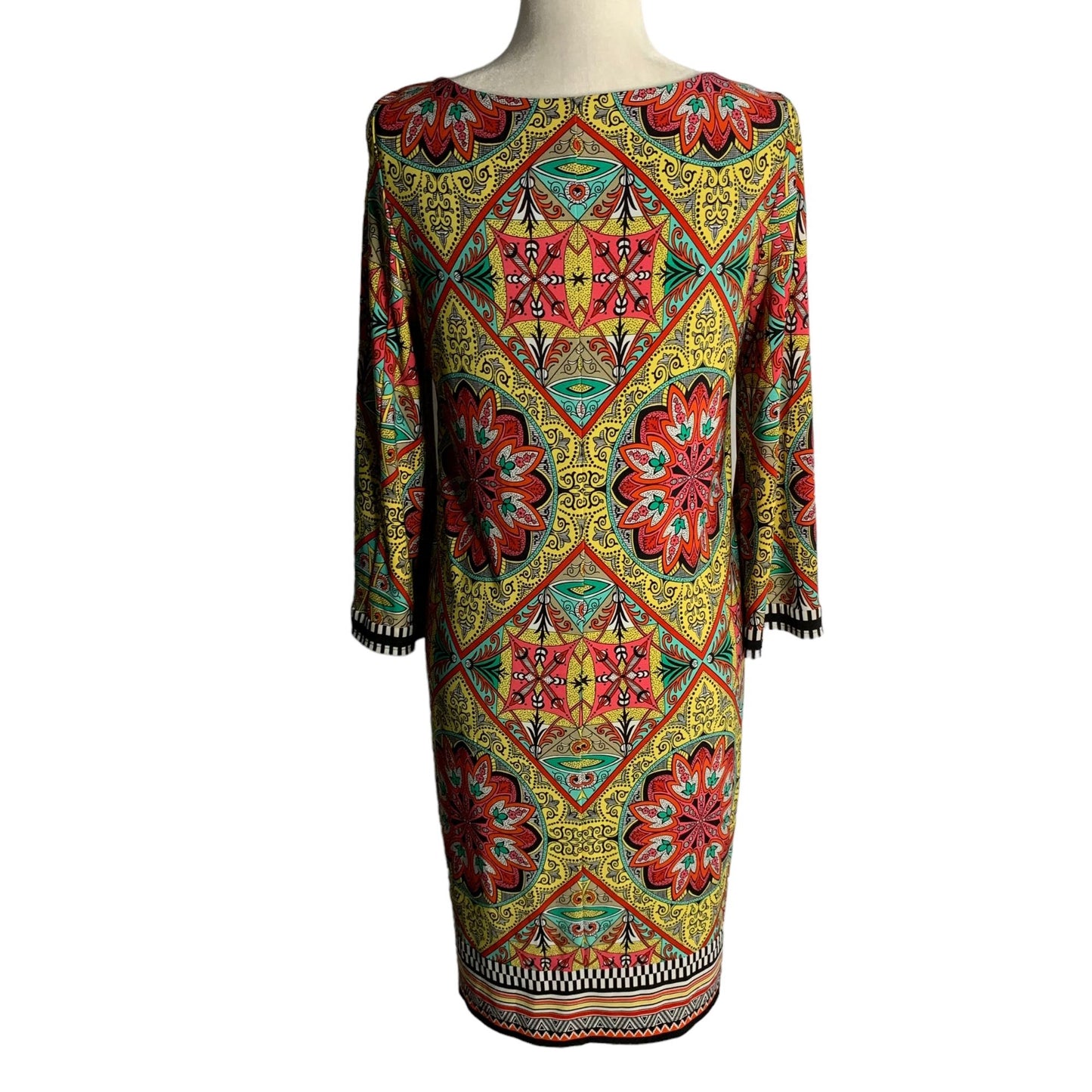 Laundry by Shelli Segal 3/4 Sleeve Shift Dress 8 Multicolored V Neck Lined