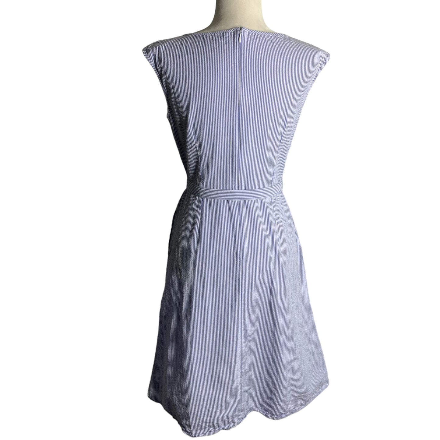 Uniqlo Sleeveless Belted Swing Dress S Blue White Striped Pockets Back Zip