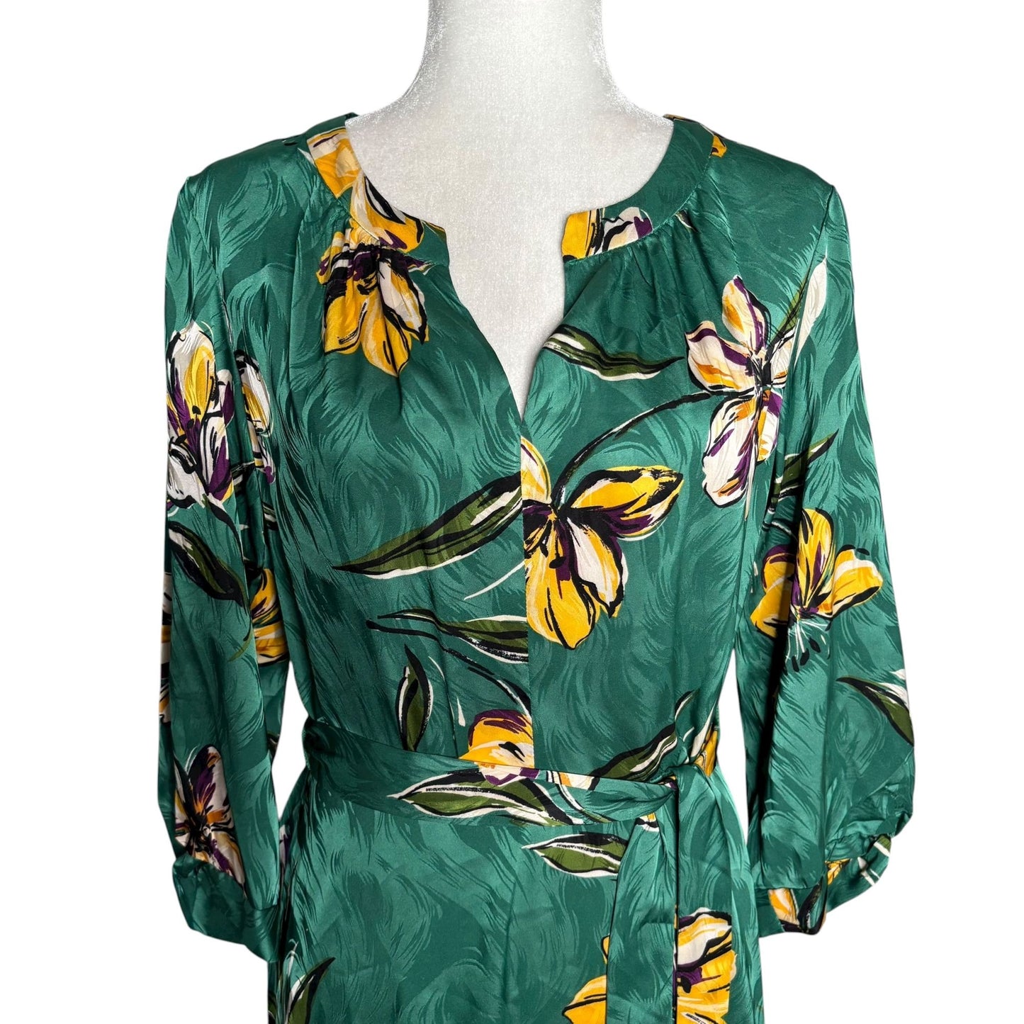 Donna Morgan Floral Midi Dress Size 6 Long Sleeves Tie Belt Waist V Neck