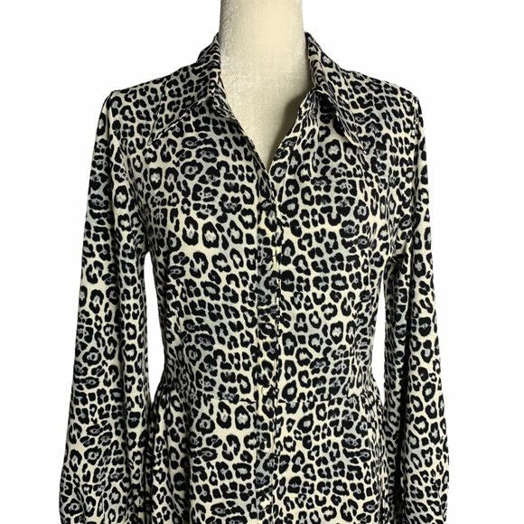 Spirit of Grace Cheetah Print Shirt Dress M White Black Buttons Long Sleeve NEW