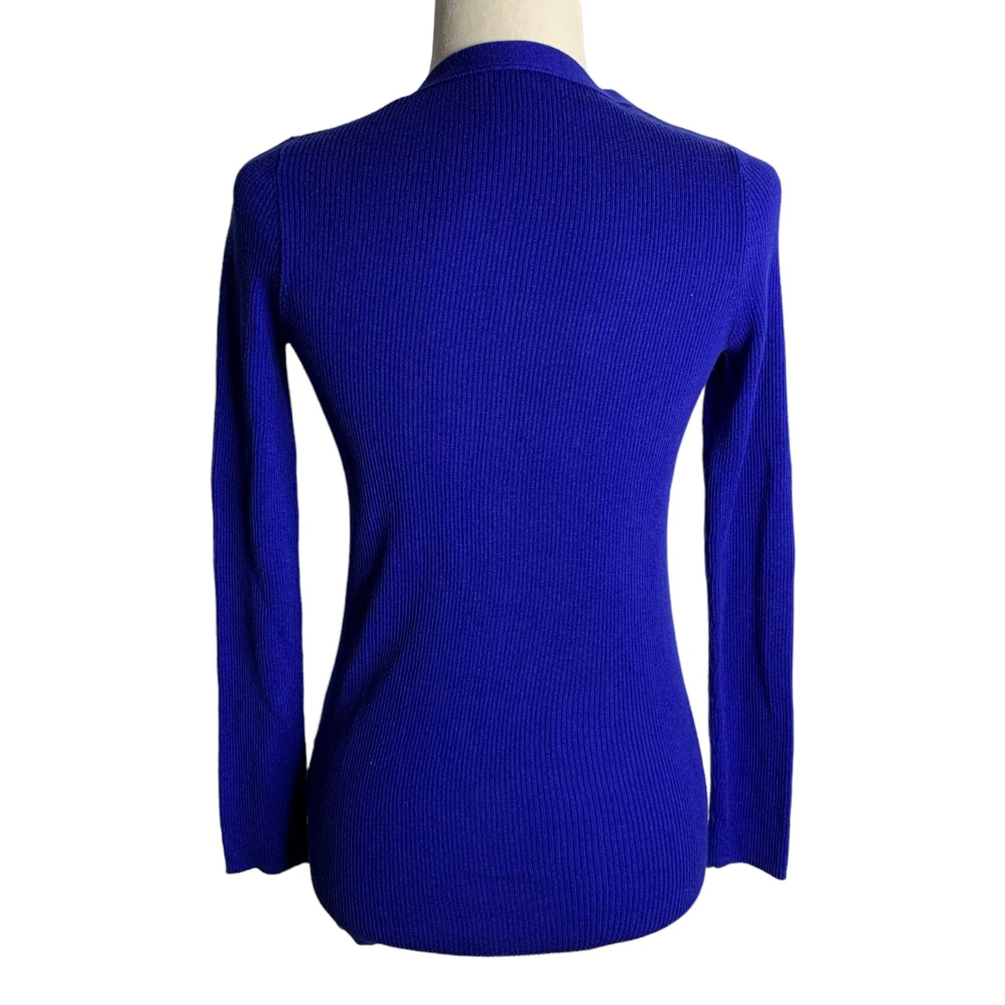 DITA Button Front Cardigan Sweater S Blue Ribbed Knit Long Sleeves V Neck