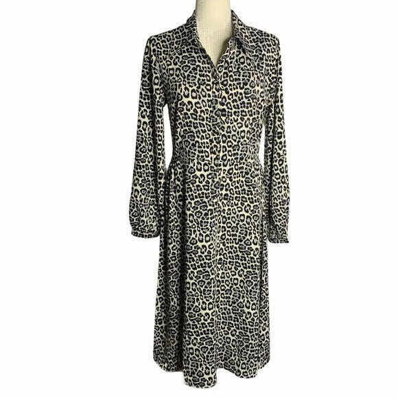 Spirit of Grace Cheetah Print Shirt Dress M White Black Buttons Long Sleeve NEW
