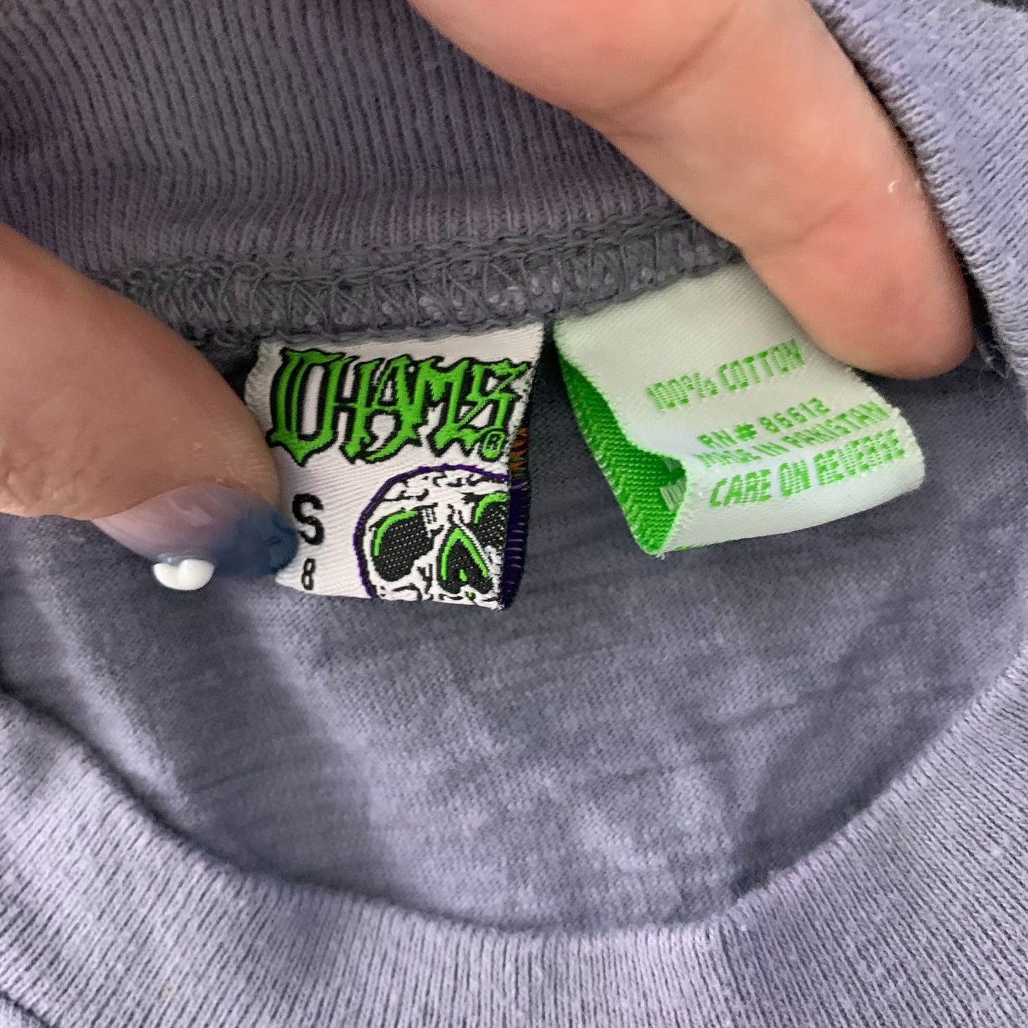 Vintage 90s Chams Skull Snake Crewneck T Shirt S Blue Long Sleeve Layered Look