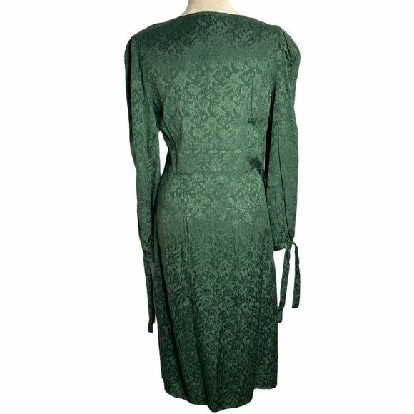 Walter Baker Retro Jacquard Aura Dress 6 Green Floral Long Sleeve V Neck Bow NEW