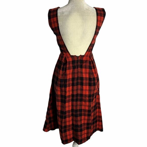 Nana For You Pinafore Wool Midi Dress S Red Plaid Open Back Zip Sleeveless