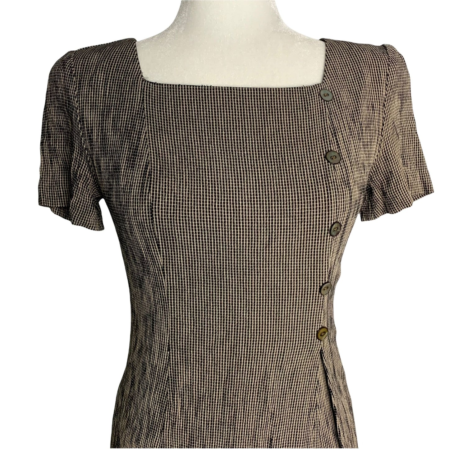 Vintage 80s Layered Look Sheath Dress S Black Check Buttons Zip Shoulder Pads