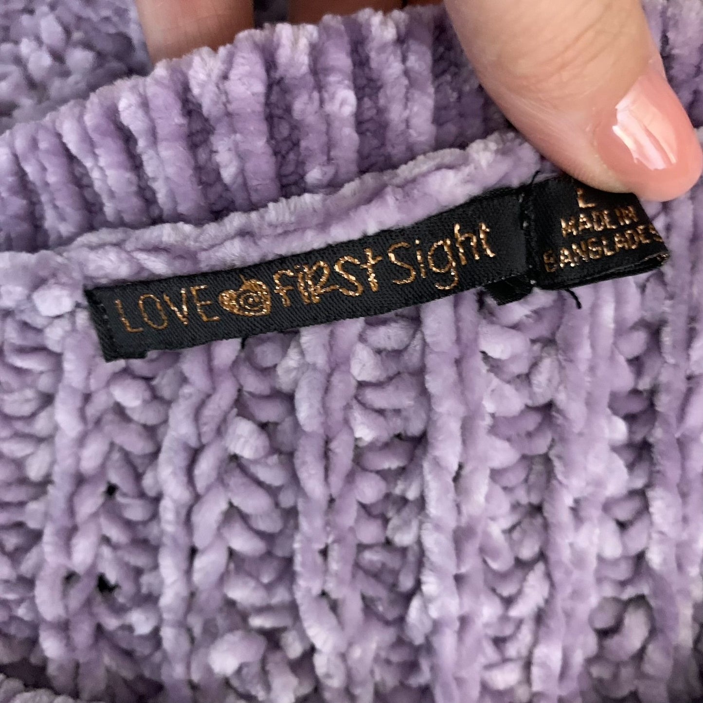 Love at First Sight Chenille Knit Sweater L Purple Dropped Shoulder Ruffle