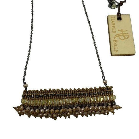 Harper Belle Macrame Citrine Pearl Necklace 20 in Chain Storage Bag NEW