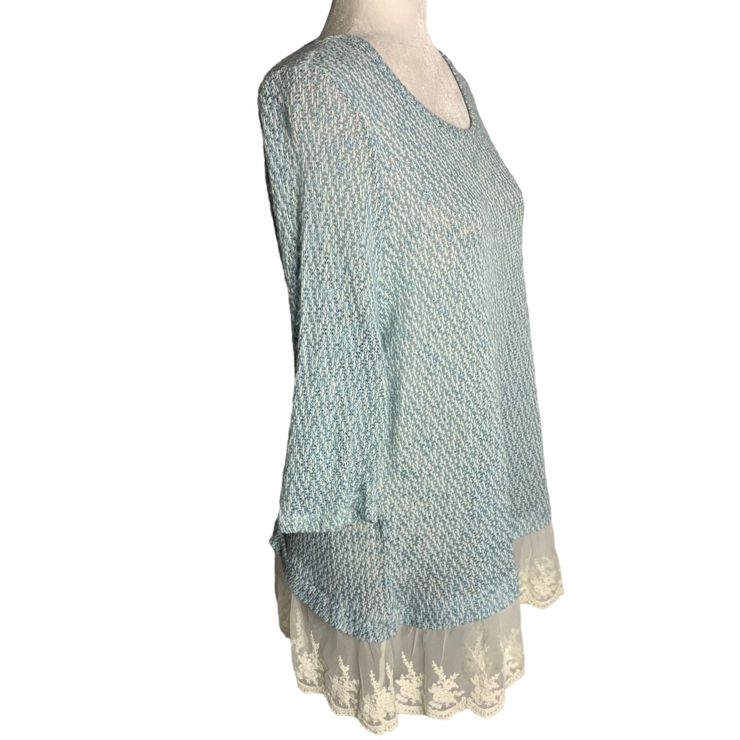 Krazy Kat Lightweight Knit Sweater XL Blue Lace Trim Long Sleeve Round Neck